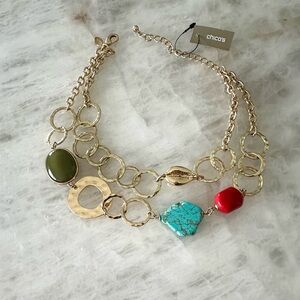 NWT Chico's NYSSA Gold-Tone Necklace with Red and Turquoise Accents